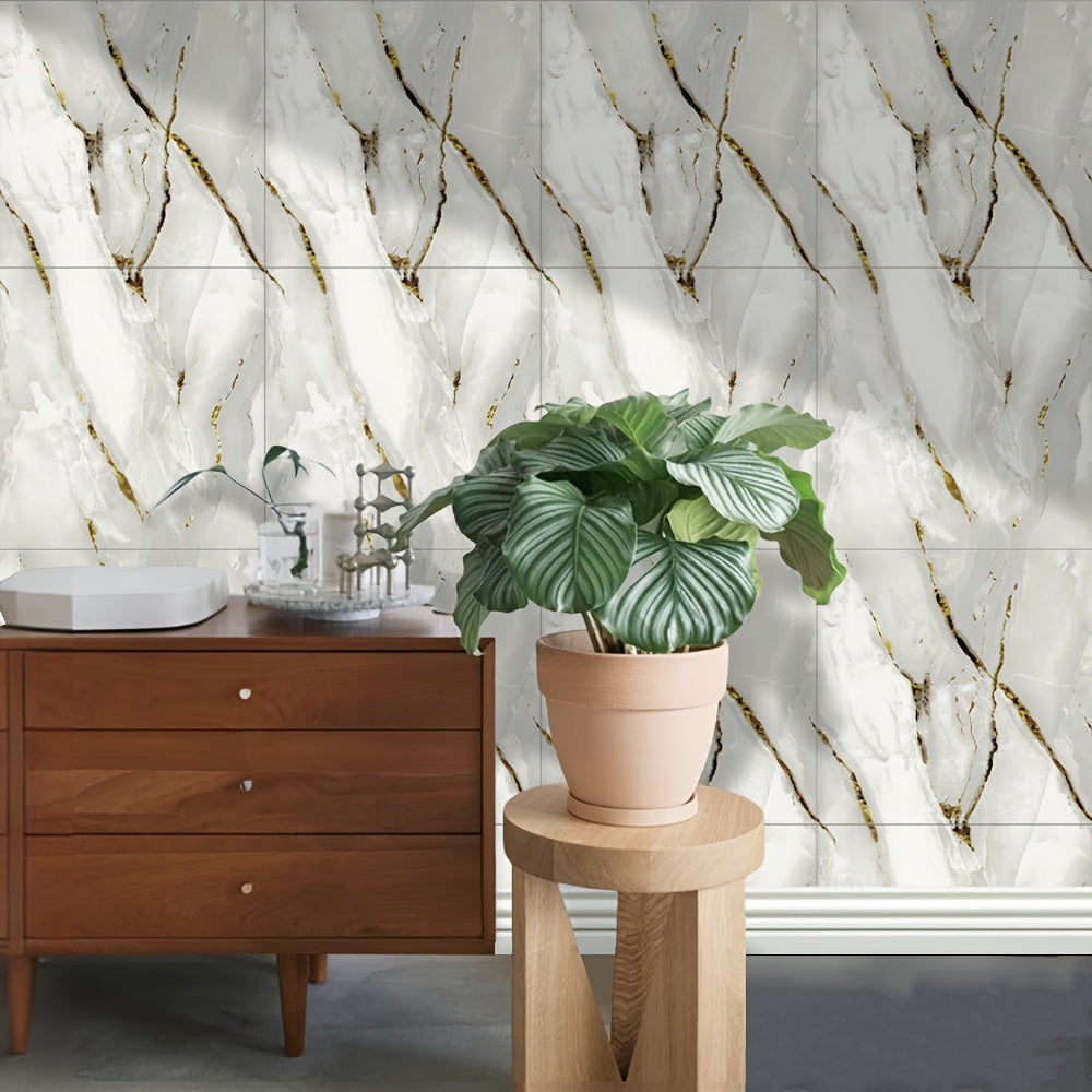 30 self-adhesive marble effect wall tile stickers for kitchen and bathroom decor, waterproof PVC, cuttable and peelable, in gray and golden design.