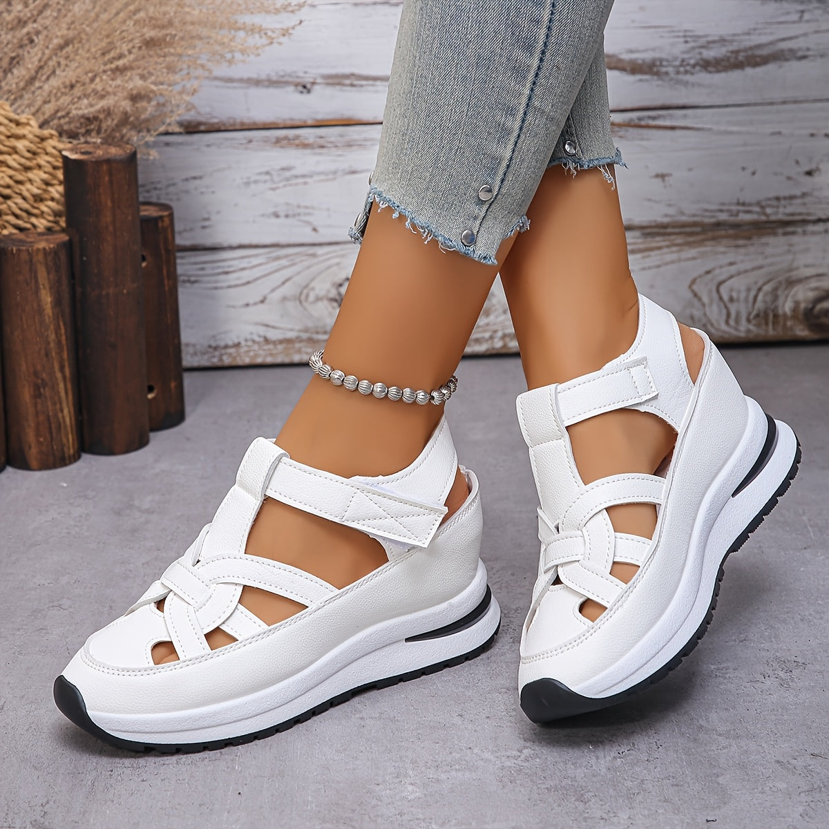 Women's fashion sneakers with solid color, platform heel, magic tape closure, man-made materials, and rubber outsole.