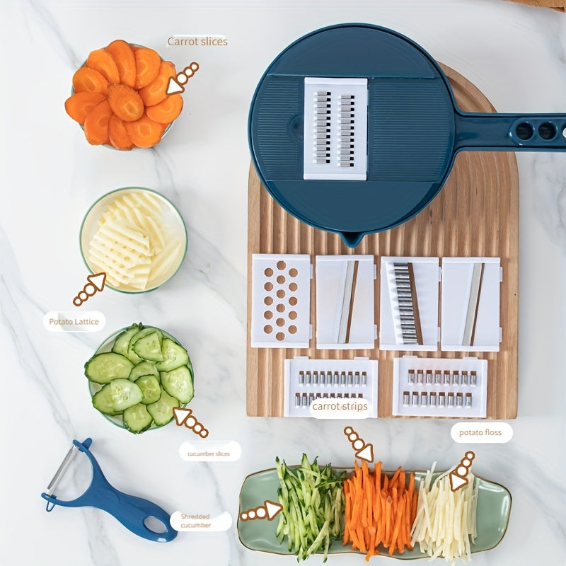 Handheld multifunctional vegetable slicer with safety julienne peeler, potato skinner, and mandoline. Made from ABS material for versatile chopping in the home kitchen.