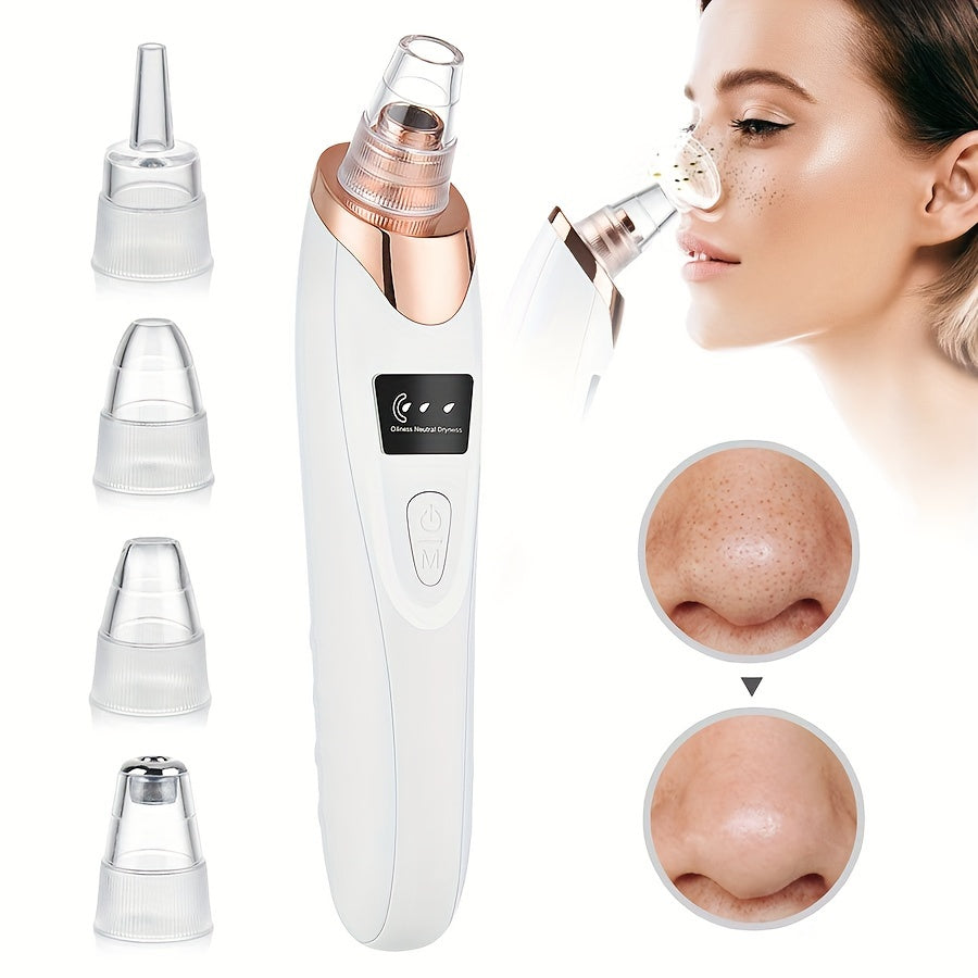 Sunhill Blackhead Remover Vacuum with 5 suction levels, USB charging, and 400mAh lithium polymer rechargeable battery. Includes 4 beauty heads for multifunctional cleaning.