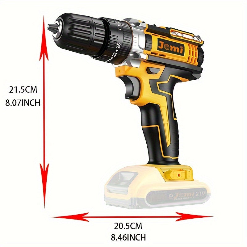 Jemi Tool 21V Cordless Drill Set with 23pcs and 3/8" Keyless Chuck, featuring 25 3 Clutch Drill with Work Light, Max Torque 45Nm and 2 Speeds.