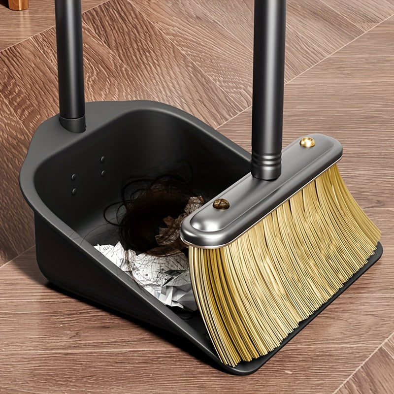 Sturdy Metal Broom and Dustpan Set with Long Stainless Steel Handle, Ideal for Home, Kitchen, Bedroom, Outdoor, and Patio Cleaning. Stand-Up Design for Easy Use.