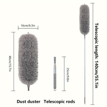 1 set of electrostatic dusters with extension pole, includes a retractable dust removal brush and a flexible dusting brush. These reusable and washable dusters are perfect for cleaning high ceilings, furniture, cars, and other surfaces. A must-have