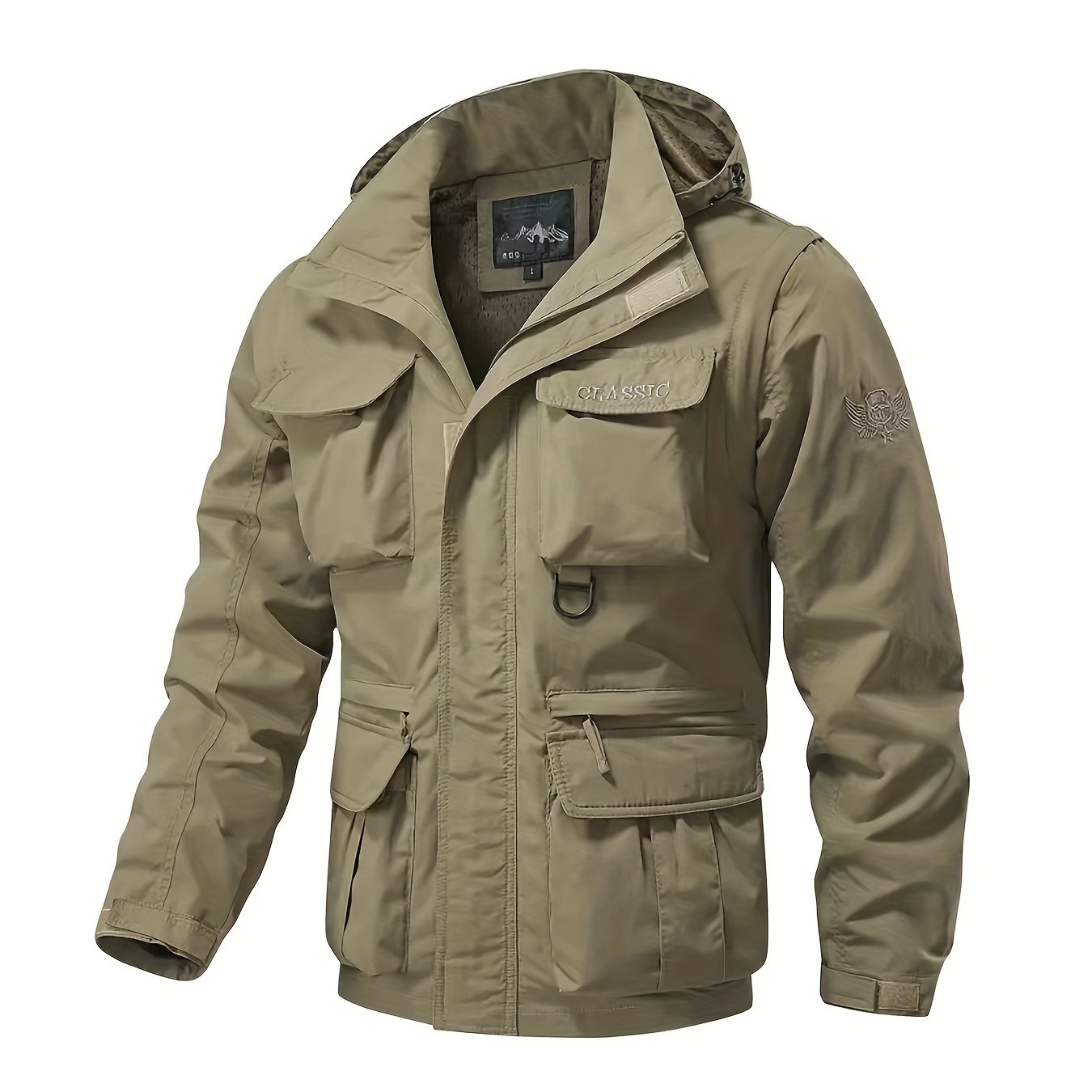 Eco-friendly men's windbreaker jacket with detachable hood and multiple pockets, perfect for outdoor activities.