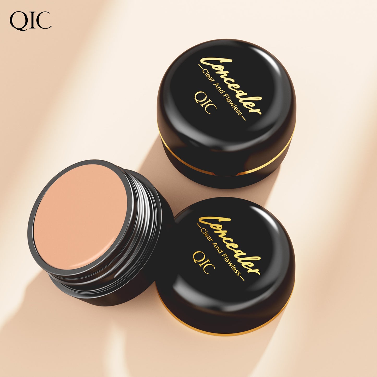 QIC Full Coverage Concealer Cream is a waterproof, matte finish for all skin tones, hiding scars, dark spots, and lasting long. Made with a plant-based formula.