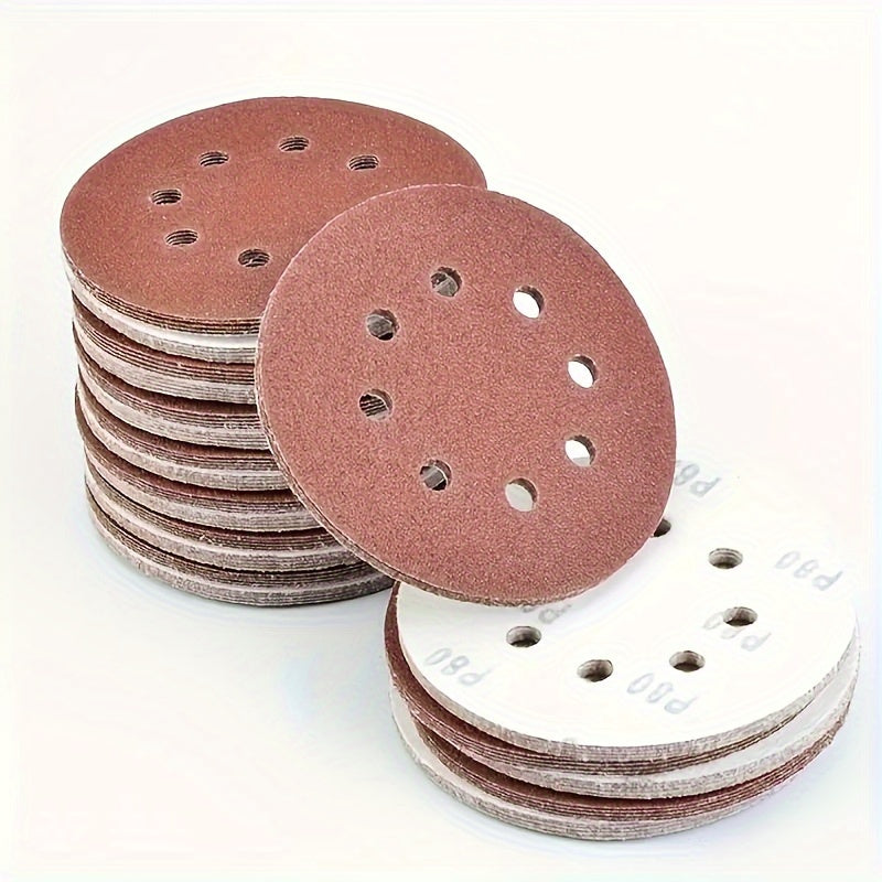 100 5-inch 125mm circular sandpaper with 8 holes, hook and ring system, used for polishing.