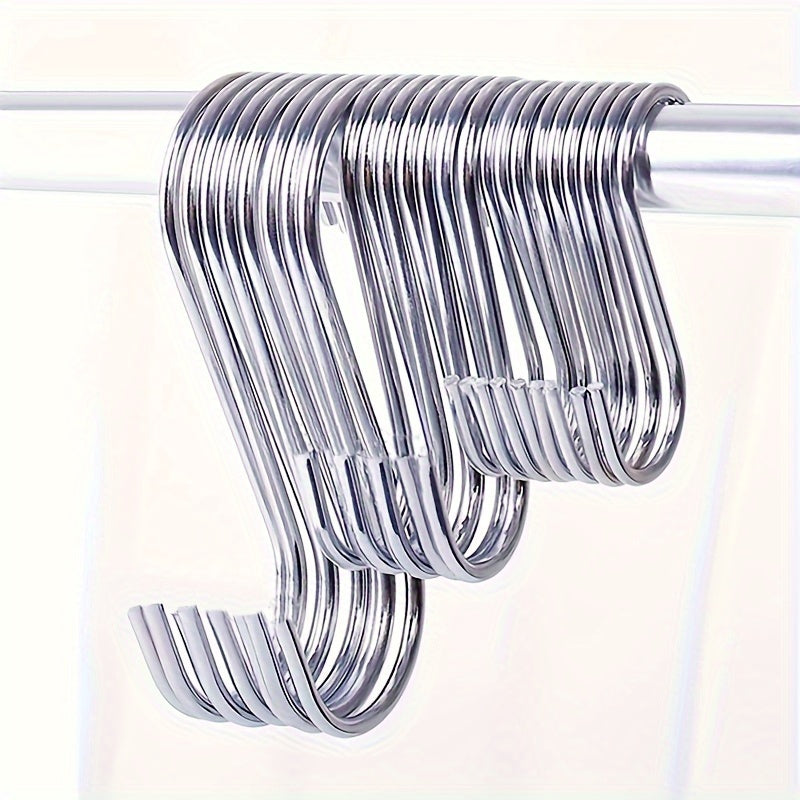 10 stainless steel S-hooks for kitchen, bedroom, and bathroom. Ideal for hanging towels, bags, and accessories. Rustproof and multi-functional.