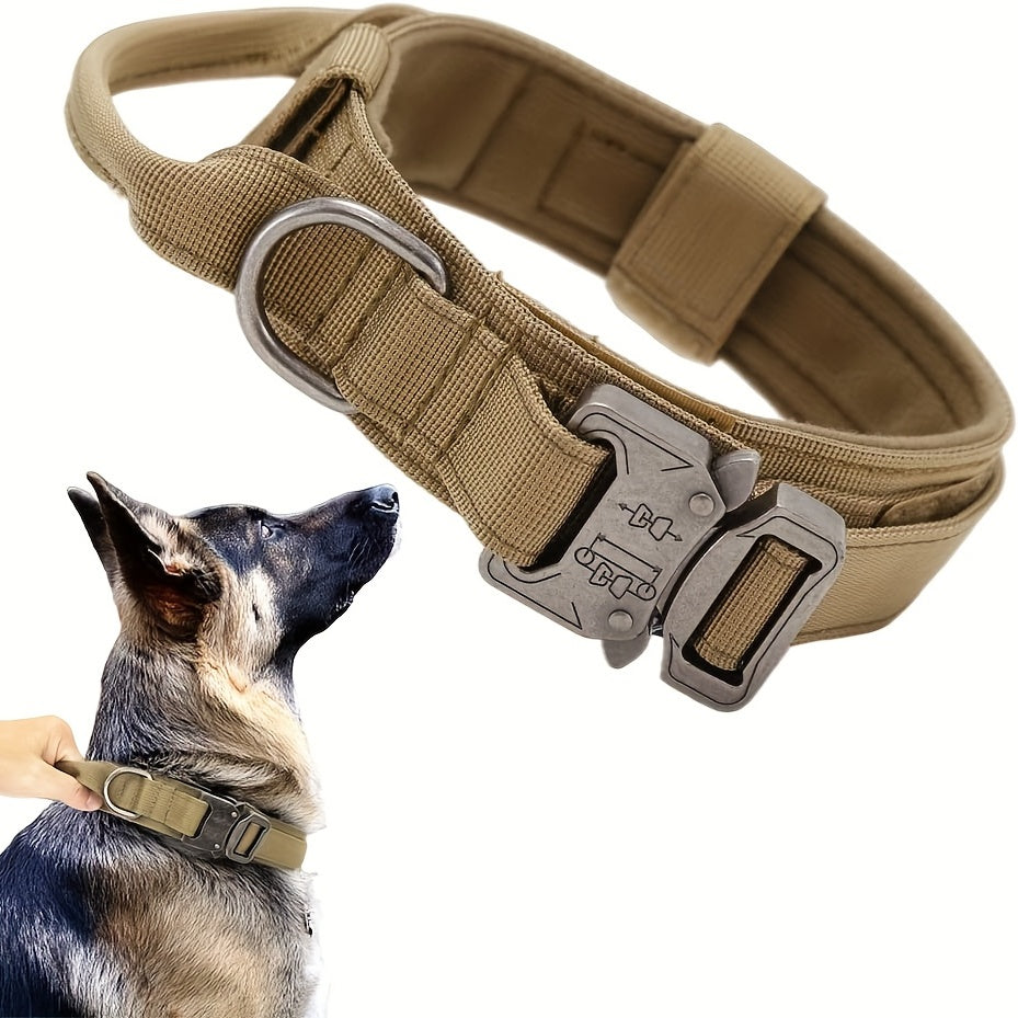 Adjustable tactical dog collar with heavy-duty metal buckle for training and walking.