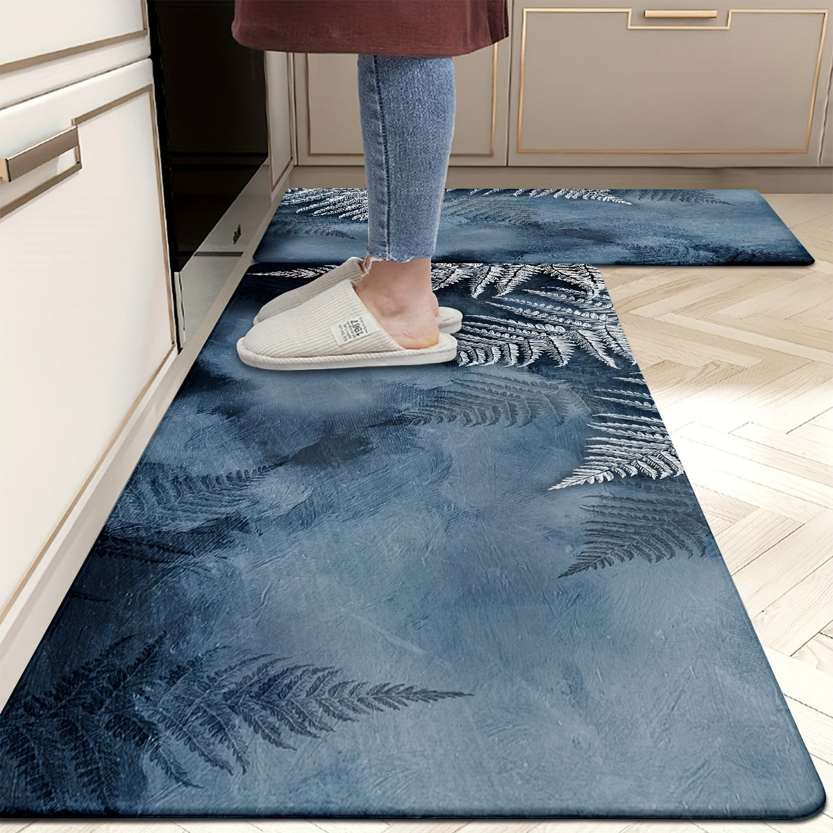 Set of 2 printed kitchen rugs and mats that are thickened, non-slip, and machine washable. These absorbent floor mats are made of top-quality polyester soft carpet, making them family and pet friendly. Perfect for use in the bedroom, laundry room