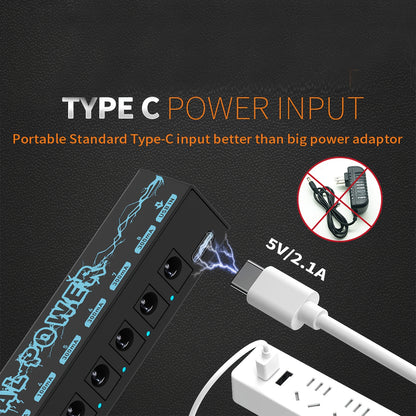 Guitar Pedal Power Supply with 8 isolated 9V DC outputs.