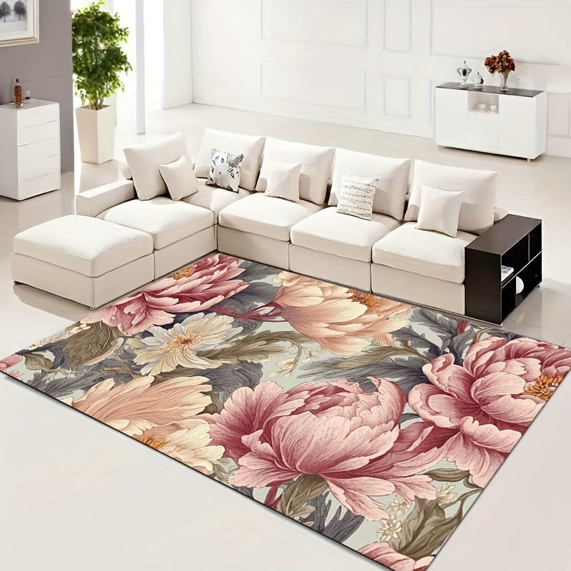 Elegant, plush floral area rug measuring 8mm in thickness. Ideal for use in the living room, bedroom, kitchen, and bathroom. Made of soft and machine washable polyester material, perfect for adding a touch of luxury to any space.