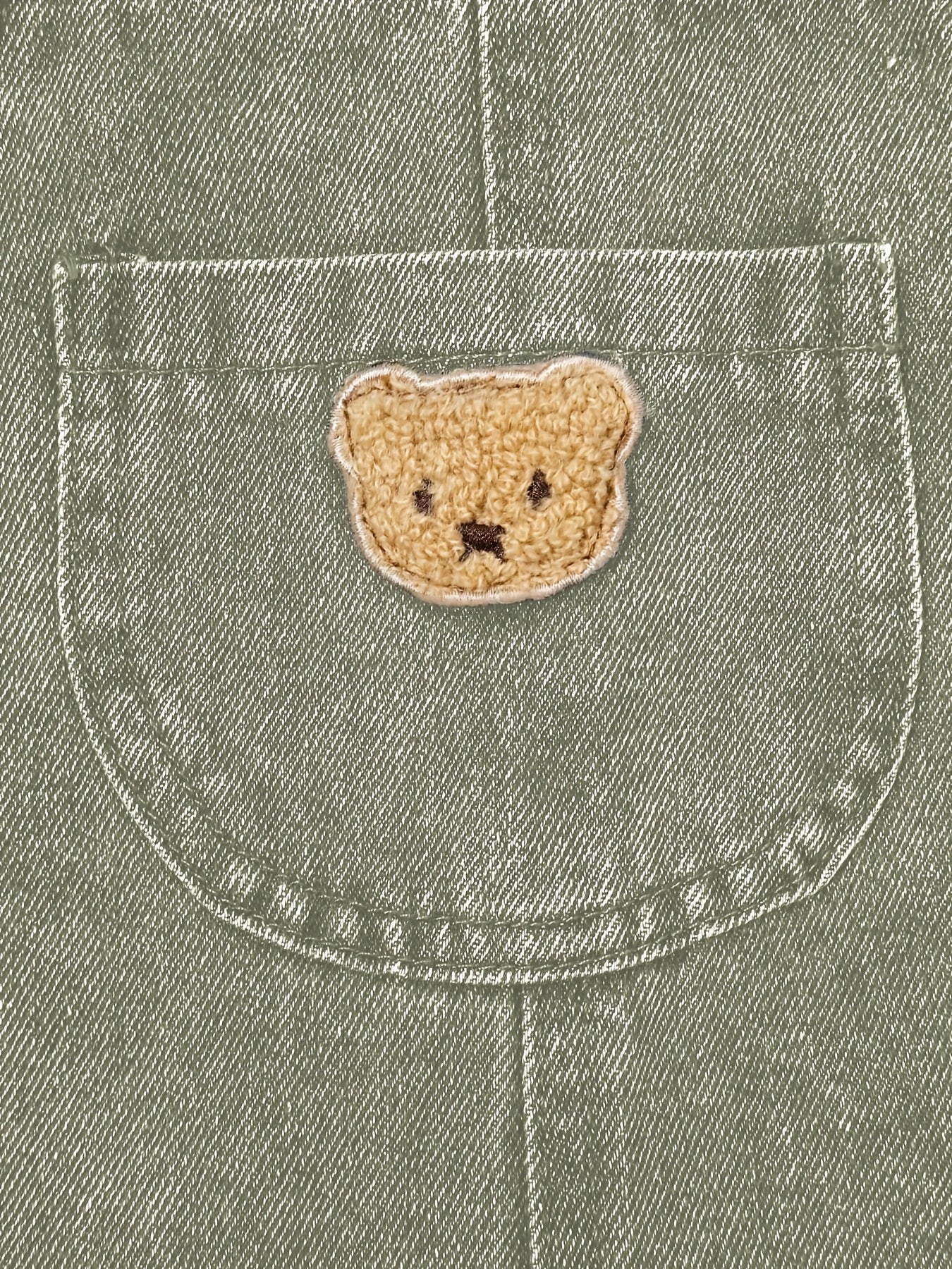 Boys' green denim overalls with bear patch - blend fabric, machine washable, casual style for fall/winter, great for outdoor wear.