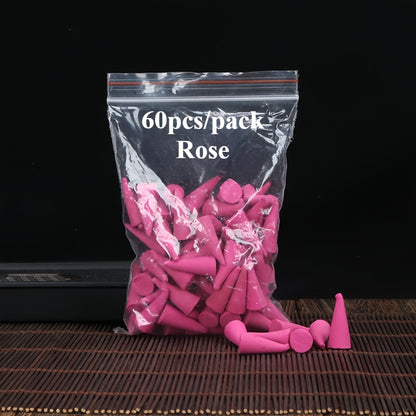 60 sandalwood and rose scented cones, 3.17oz - ideal for home fragrance, yoga, meditation, and study spaces. Great for Christmas and Thanksgiving. (Incense burner not included).