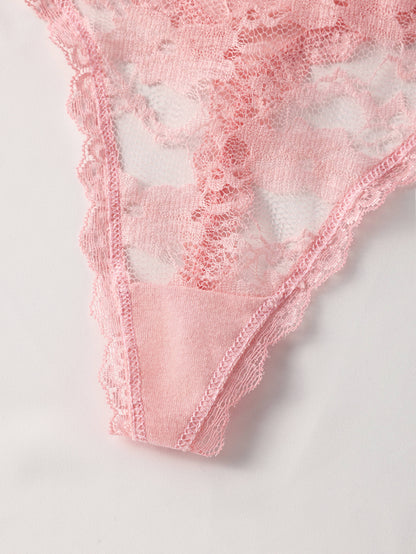 Six elegant floral lace women's thongs in black, pink, and white, with a sexy low-rise, stretch fit. Made from a breathable nylon blend with delicate lace detailing.