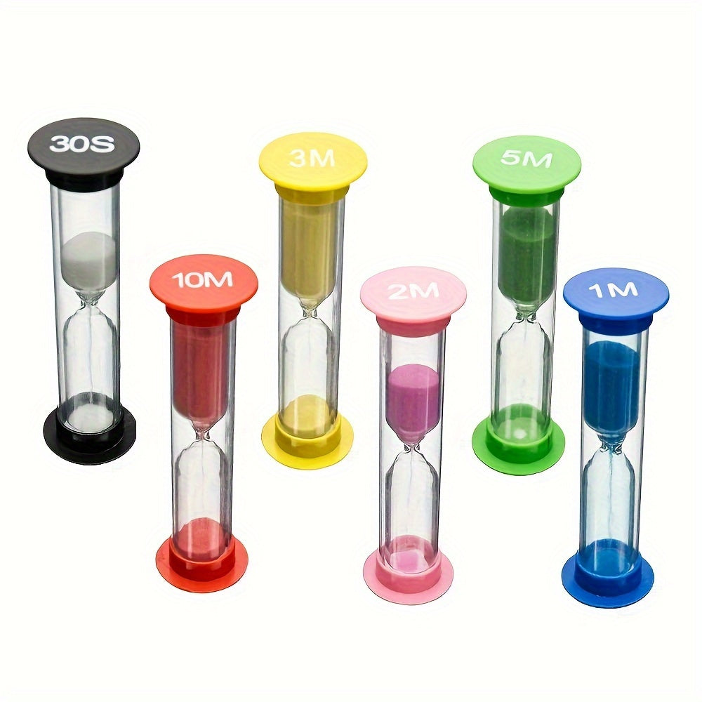 Set of 6 colorful mini sand timers for school or office.