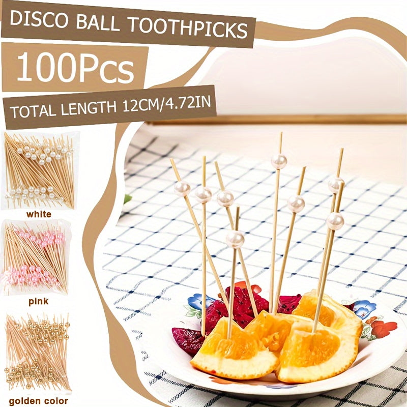 100 pieces of golden, pink, and white pearl bamboo toothpicks for weddings and parties, ideal for appetizers, fruits, and beverages on special occasions. Great for cakes, desserts, and cupcakes.