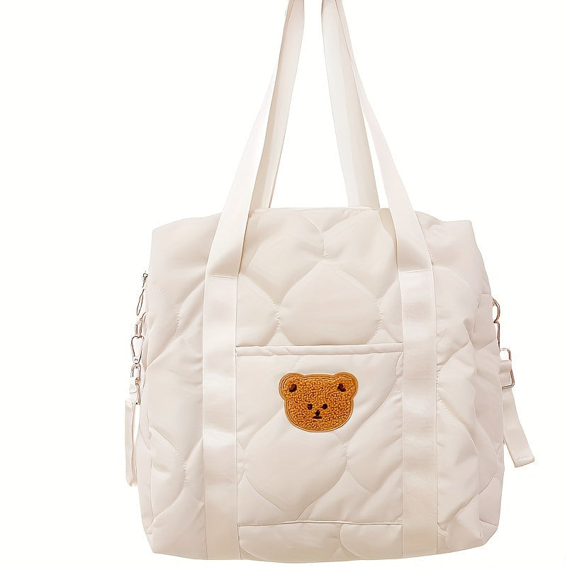 Top-Selling Mommy Tote Bag with Bear Design - Stroller-Friendly, Perfect for Diapers & Bottles, Great for Travel Year-Round, Made of Polyester in White and Black