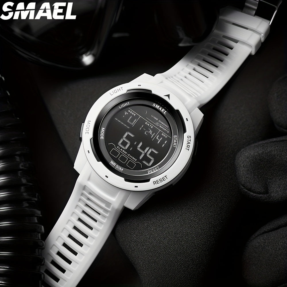 SMAEL Men's Waterproof Sports Watch with LED Display, TPU Strap, Stopwatch, Calendar, Weekly View, Shock Resistance, and Classic Movement Style