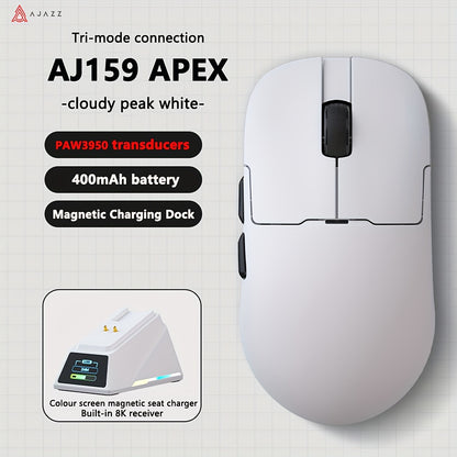 AJAZZ AJ159APEX Wireless Gaming Mouse features PAW3950 sensor with 8K optical resolution, tri-mode wireless connectivity, magnetic charging base, color screen, USB-C interface, and