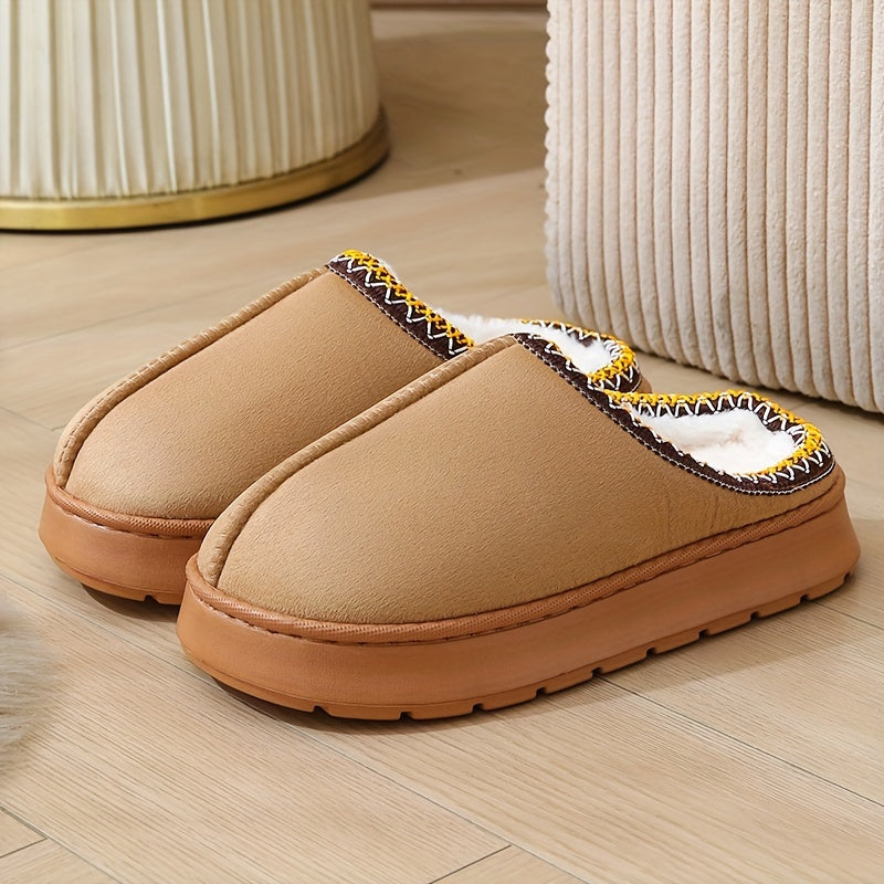 Warm and stylish beige flannel slippers for women with plush lining and striped cuff detail, suitable for indoor and outdoor wear.