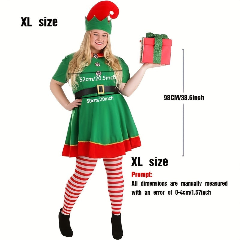 Set of 4 Women's Christmas Elf Costume Pieces Includes Polyester Party Dress, Hat, Socks, and Belt. Features No Print Design, Hand Wash Only. Perfect Festive Holiday Outfit.