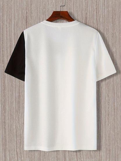 Quick-dry color block t-shirt with breathable polyester fabric and round neckline; machine washable.