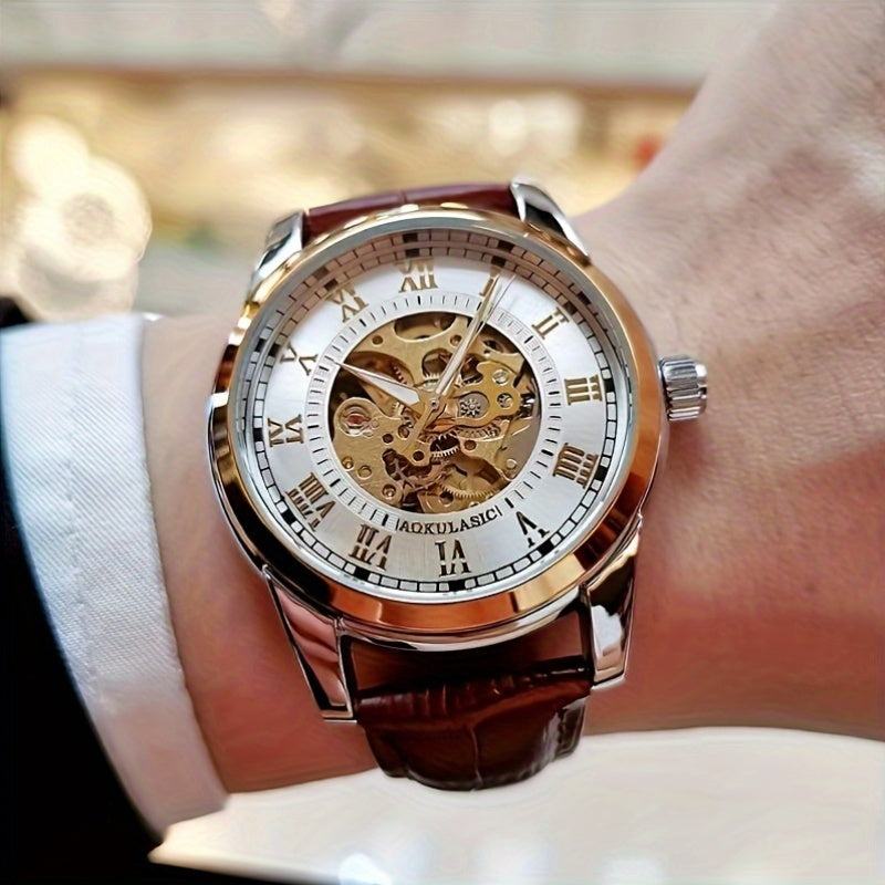 Elegant men's automatic mechanical watch with skeleton design, brown faux leather strap, self-winding. Ideal for business and casual wear, perfect gift for young men. Durable watch band