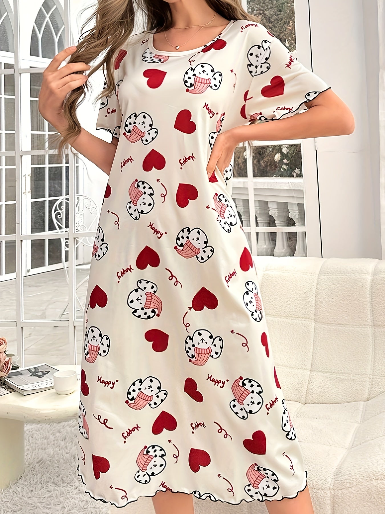 Cozy pajama dress with spotted dog & heart print, short sleeve, round neck, soft poly blend, machine washable