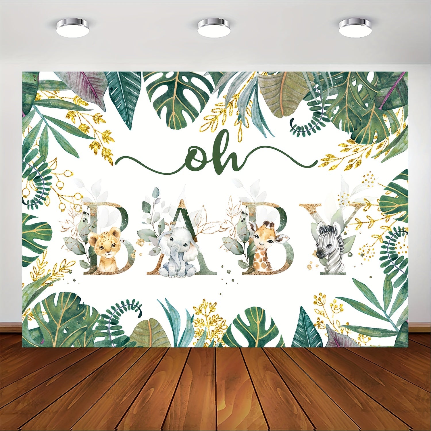 Gender-neutral Jungle Safari backdrop for a shower or birthday party, featuring golden accents, green leaves, and adorable animal illustrations. Dimensions 213.36x152.4cm.