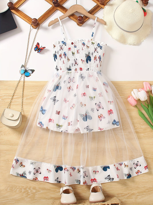 Girls' sleeveless jumpsuit with butterfly print and mesh details perfect for summer parties.