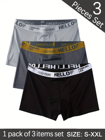 Three men's 'HELLO' Boxer Briefs made of breathable, stretchy, and quick-dry polyester-spandex blend. Features wide waistband, comfort fit, non-transparent, solid color. Machine washable.