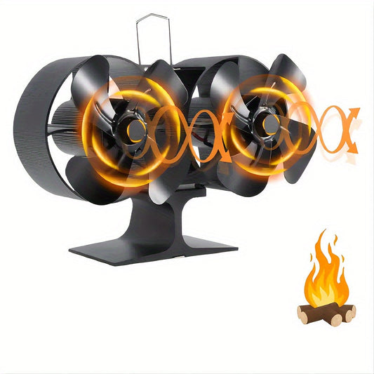 Wood stove fan with dual motors, heat-activated aluminum fireplace blower for high-speed non-electric operation.