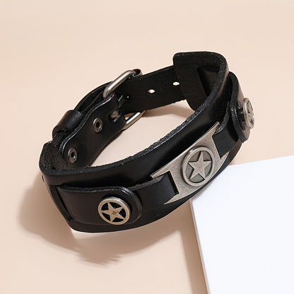 [Trending Pick] Men's Punk Rock Style Bracelet, Made of Genuine Leather with Zinc Alloy Star Pendant, Non-Magnetic Fashion Statement Piece