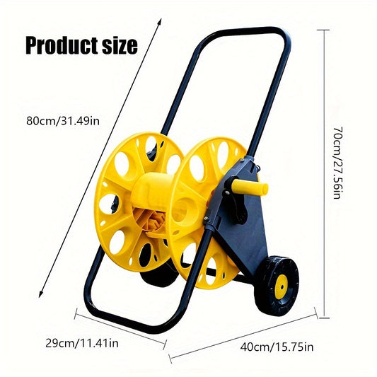 Heavy-duty garden hose cart with rotatable handle for easy storage and transport for home gardening, car wash, and boat use.