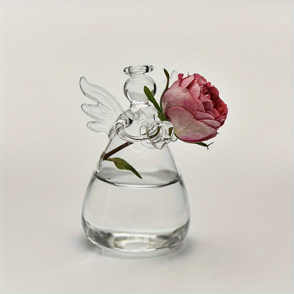 Stylish glass vase shaped like an angel, versatile for fresh or dried flowers, ideal for living room or dining table decor, no batteries needed.