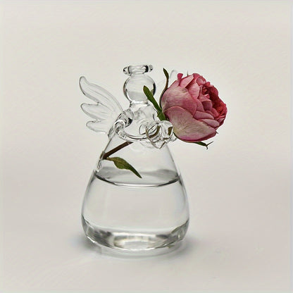 Stylish glass vase shaped like an angel, versatile for fresh or dried flowers, ideal for living room or dining table decor, no batteries needed.