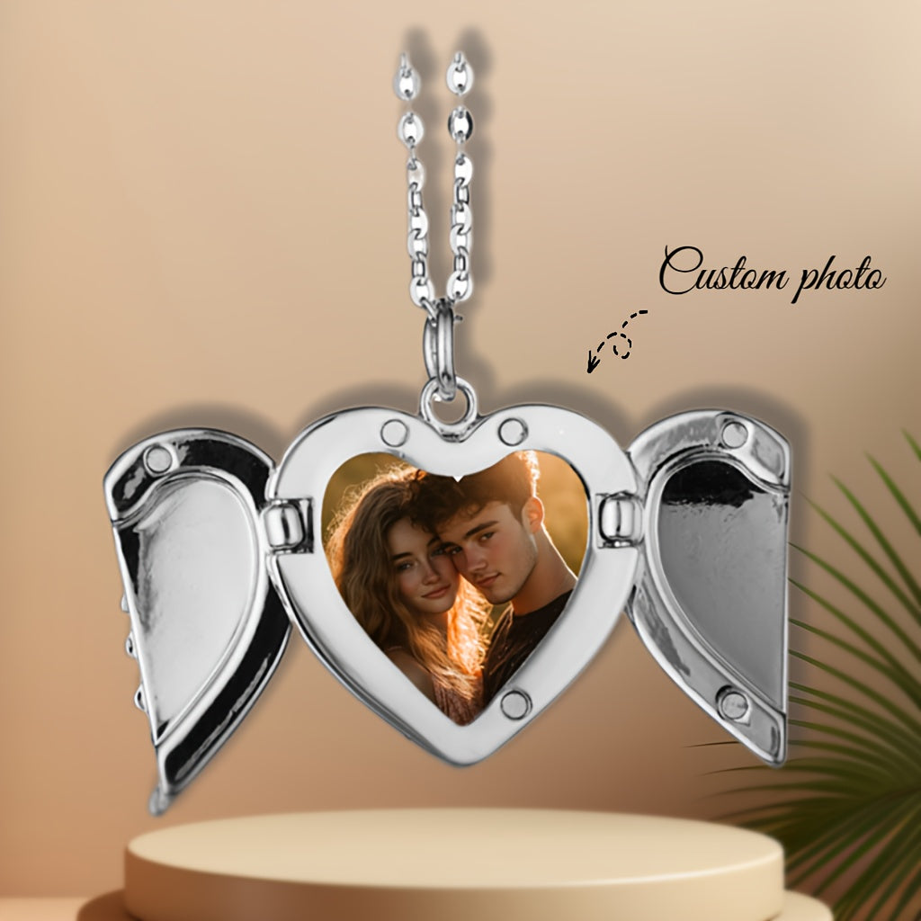 Angel Wings Heart Pendant Necklace with Custom Photo Print - Elegant and Cute Alloy Jewelry Featuring February Birthstone. Perfect Valentine's Day Gift for Couples, an Ideal Daily and Festival Accessory that is Suitable for All Seasons.