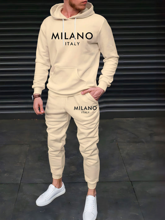 Men's casual beige hoodie set featuring stylish sports premium letter design, printed in 3D.