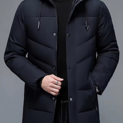 Men's mid-length hooded padded jacket with detachable hood, suitable for winter outdoors.