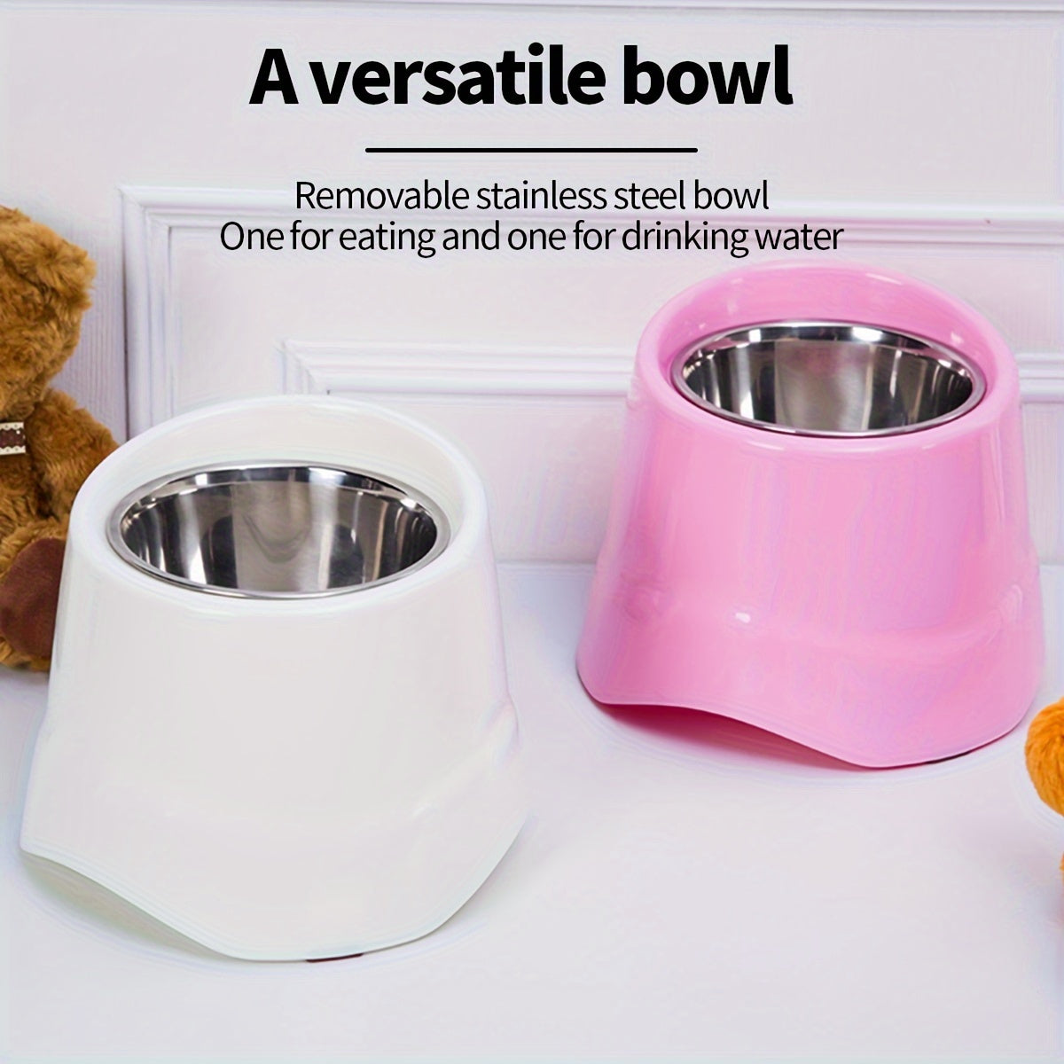 Stainless steel high table food bowl for tall pets in small and medium sizes.