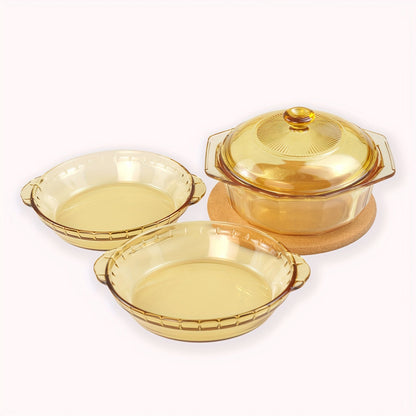 Glass cookware set includes four pieces with lids. Perfect for cooking soups, stews, milk, salads, and noodles. High-temperature resistant pots and matching plates with heat-resistant mats. Each pot has a 1.1L capacity.