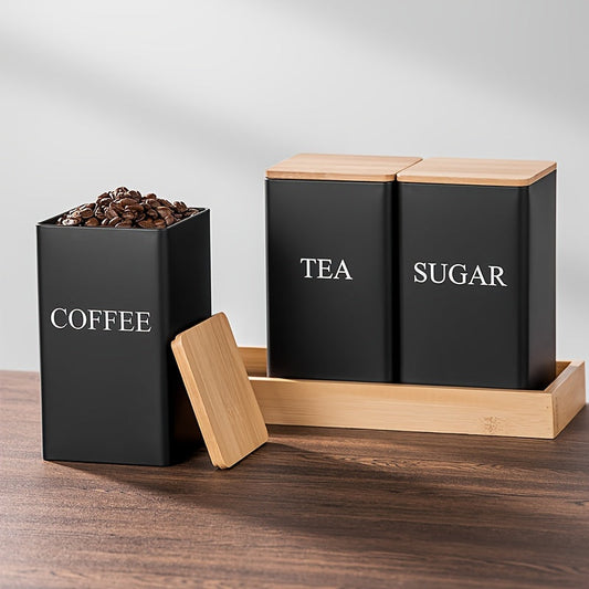 1 set of 3 pieces, which includes a coffee storage jar, a tea point coffee bean storage jar, and a square jar with a bamboo lid and iron art display