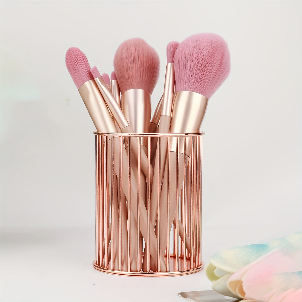 Golden Iron Makeup Brush Holder with Polished Finish, Rust Resistant, Multi-functional Desktop Organizer