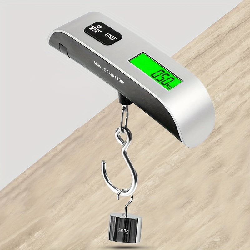 Portable hook scale with digital LCD display measures up to 110 pounds/50 kilograms. Ideal for use in the kitchen, weighing luggage, or as a travel bag weight tool.