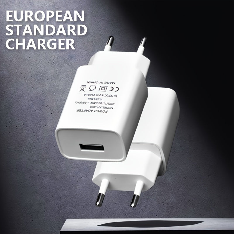 European standard white 5V2A mobile phone charger for fast charging in various locations.