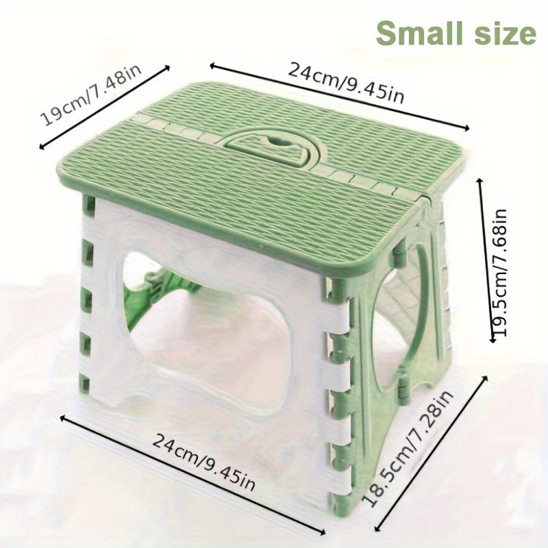 Lightweight plastic step chair with portable handle, ideal for bathroom, bedroom, kitchen, outdoor camping, and fishing. Foldable for easy storage.