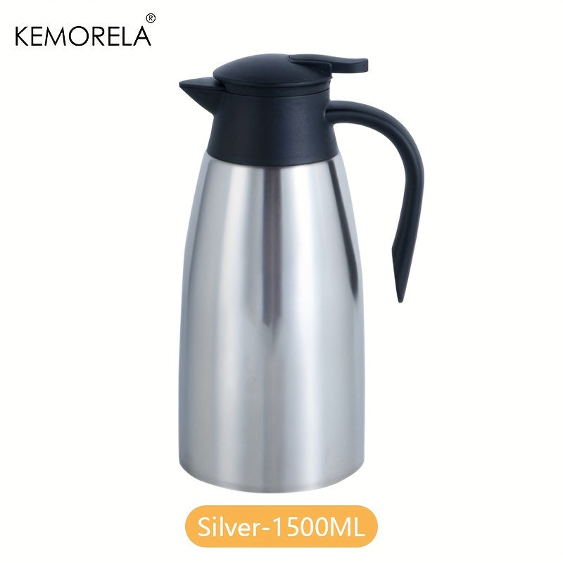 The KEMORELA 1.5/2L Thermal Kettle is made of durable stainless steel with vacuum insulation for 24-hour heat preservation. It has a large capacity and is perfect for home or office use, making it a portable and efficient coffee pot.