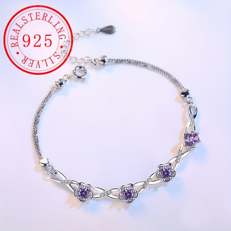 This bracelet is made of high-quality S925 silver, featuring a beautiful peach blossom design with plum blossom decoration and purple zirconia. It is perfect for everyday wear or as a thoughtful gift, weighing 5.2g/0.18oz.