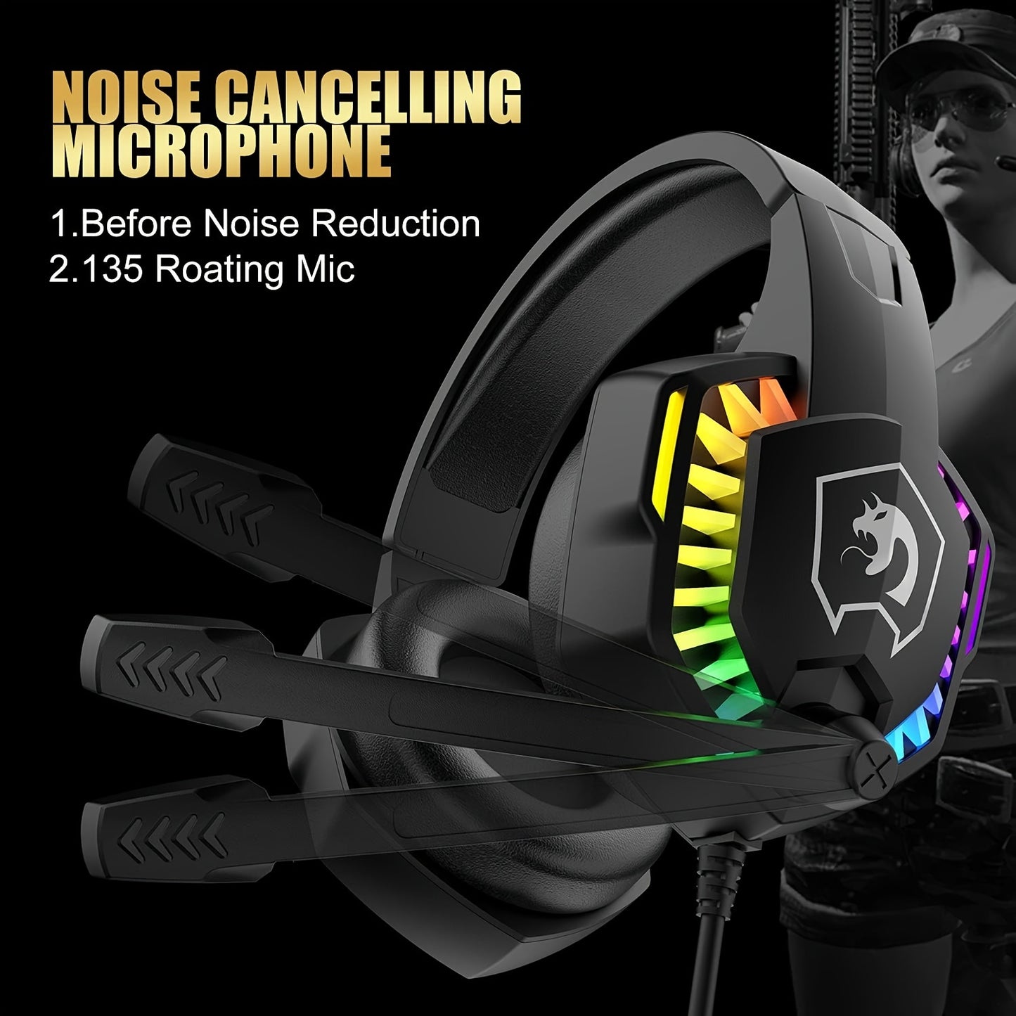 Noise-canceling mic gaming headset with RGB lights, wired over-ear headphones for PS4, PS5, Xbox One, PC, Mac. Durable plastic, soft memory earmuffs, button control, tangle-free cable, no