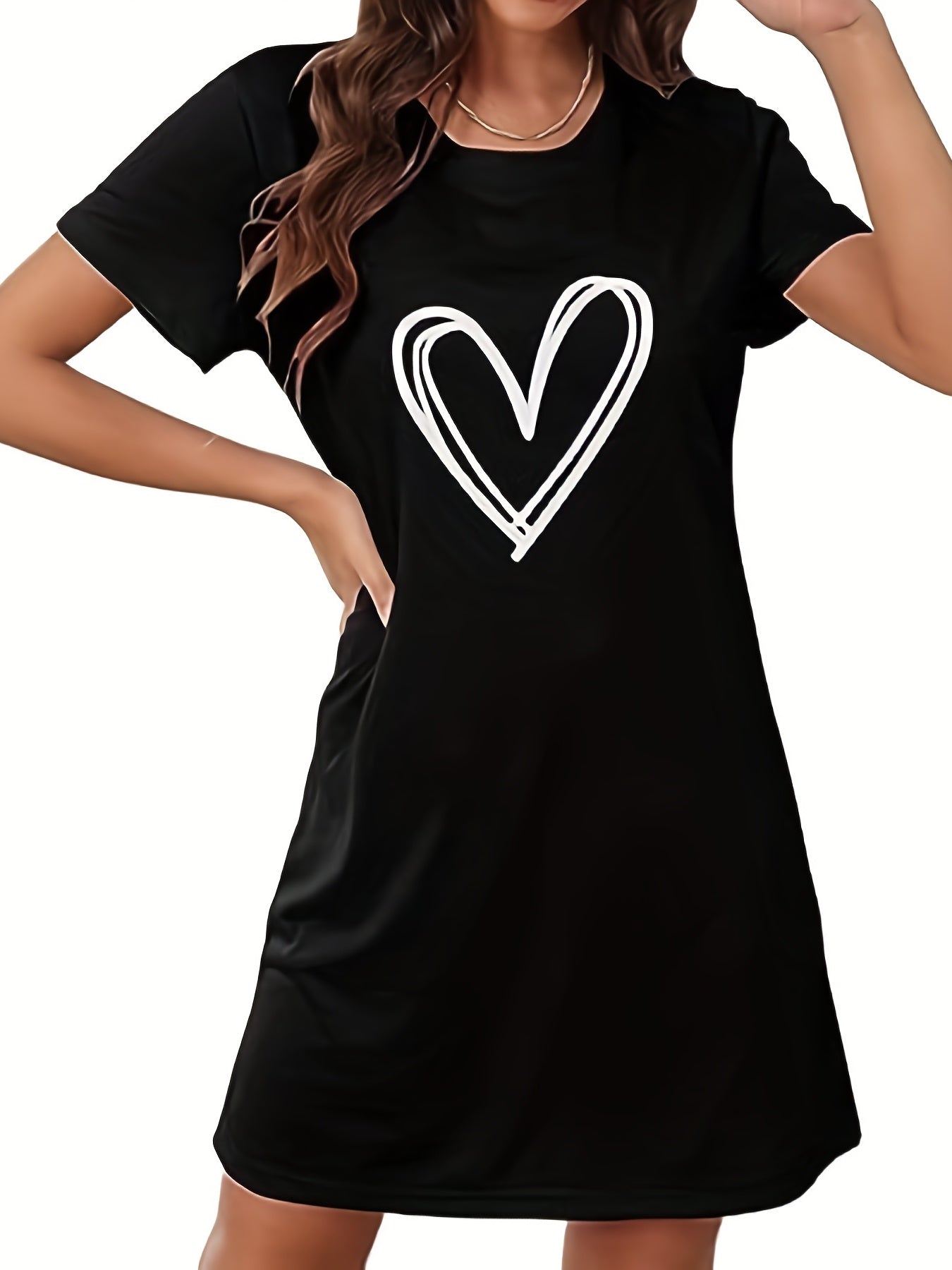 Heart Print Nightdress for Women, Short Sleeve Crew Neck Sleepwear